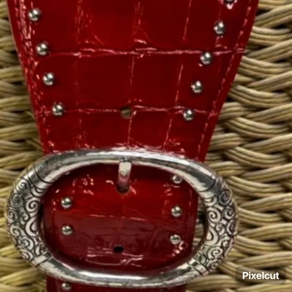 Vintage Brighton Straw Shoulder Bag 2000s Red Patent Leather Silver Hardware - Picture 6 of 9